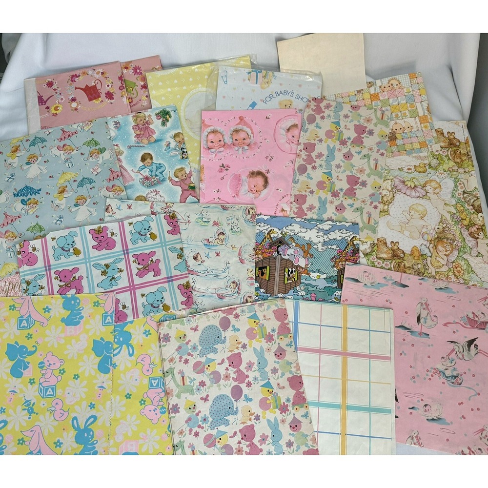 Vintage Wrapping Paper Gift Wrap Baby Shower Lot Babies Stork Bunnies